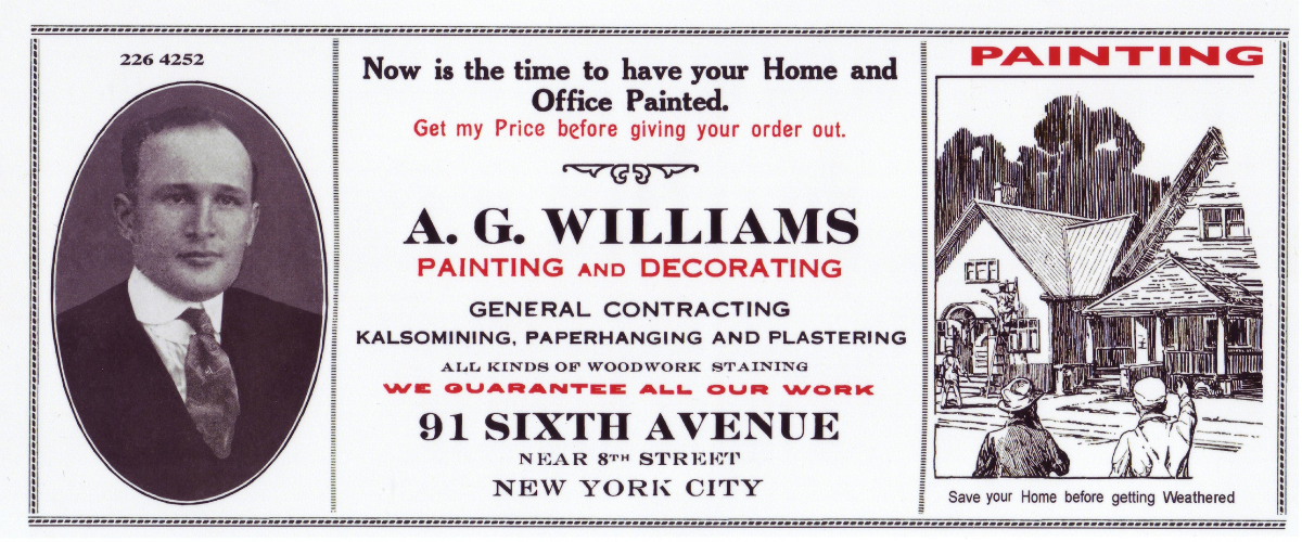 Restored early-twentieth-century A.G. Williams Painting and Decorating advertisement, 91 Sixth Avenue, New York City