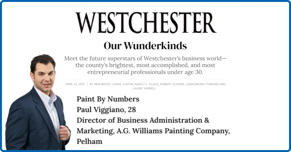 A framed magazine clipping from Westchester Magazine's "Our Wunderkinds" feature profiling Paul Viggiano, Director of Business Administration and Marketing at A.G. Williams Painting Company, alongside his photo.