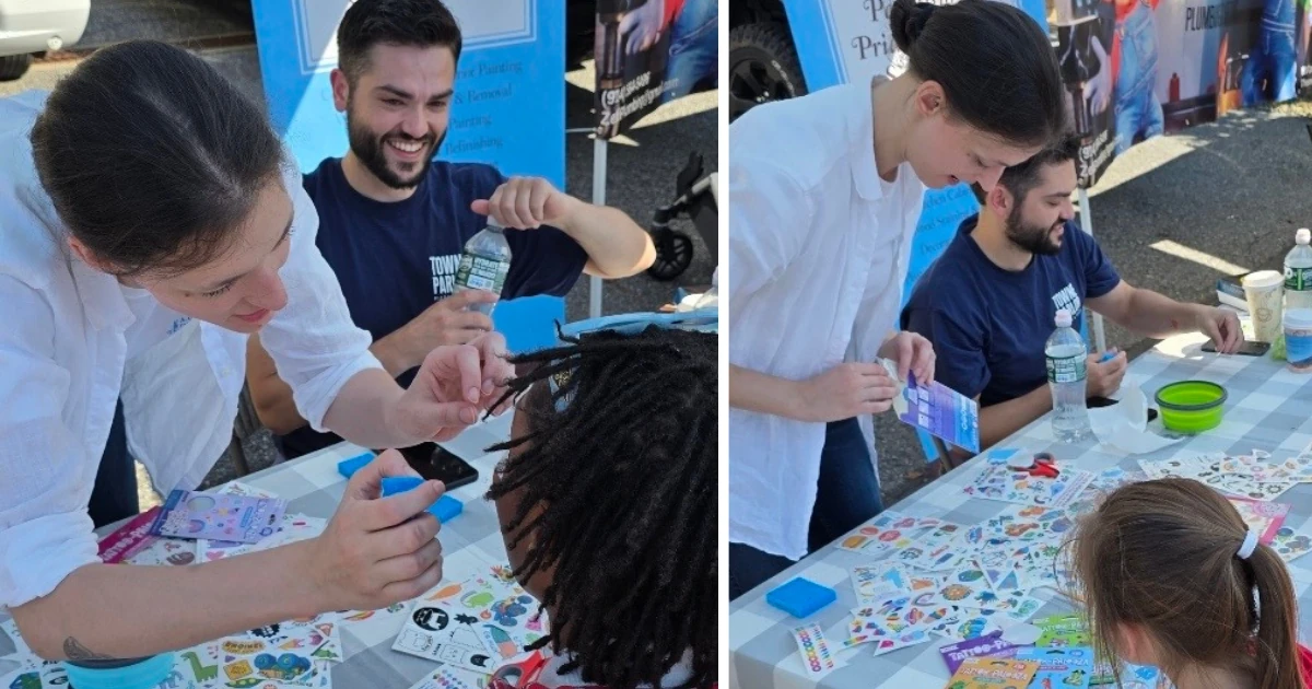 Two photos of AG Williams staff applying temporary tattoos to children at an outdoor community fair booth.