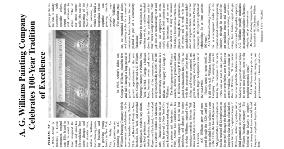 A black-and-white newspaper clipping headlined "A. G. Williams Painting Company Celebrates 100-Year Tradition of Excellence," with a photo of a commemorative banner and columns of article text.