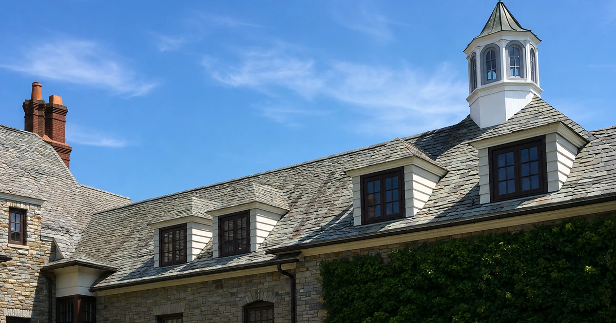 Slate-roofed stone house with dormer windows and a white cupola under a clear blue sky.