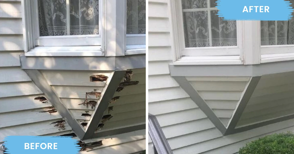 Before and after of a bay window bracket, showing splintered rotted wood and open siding on the left and repaired, repainted trim and siding on the right.