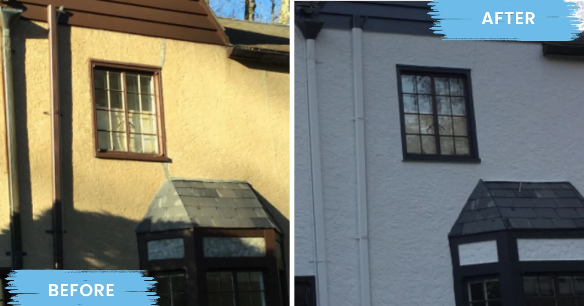 Before and after of a stucco home exterior, showing dull tan walls with brown window trim on the left and bright white walls with crisp dark window trim on the right.