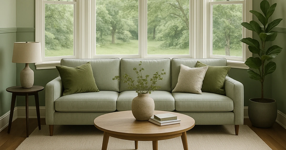 A sage-green living room with matching wainscoting and chair rail below sage walls, a light green sofa with green and cream pillows, a round wood coffee table, and large windows overlooking trees.