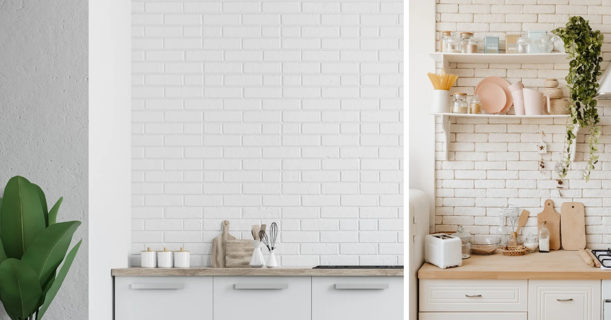 A split image shows a white painted brick kitchen backsplash with a wood countertop on the left and open shelving against whitewashed brick holding jars and plants on the right.