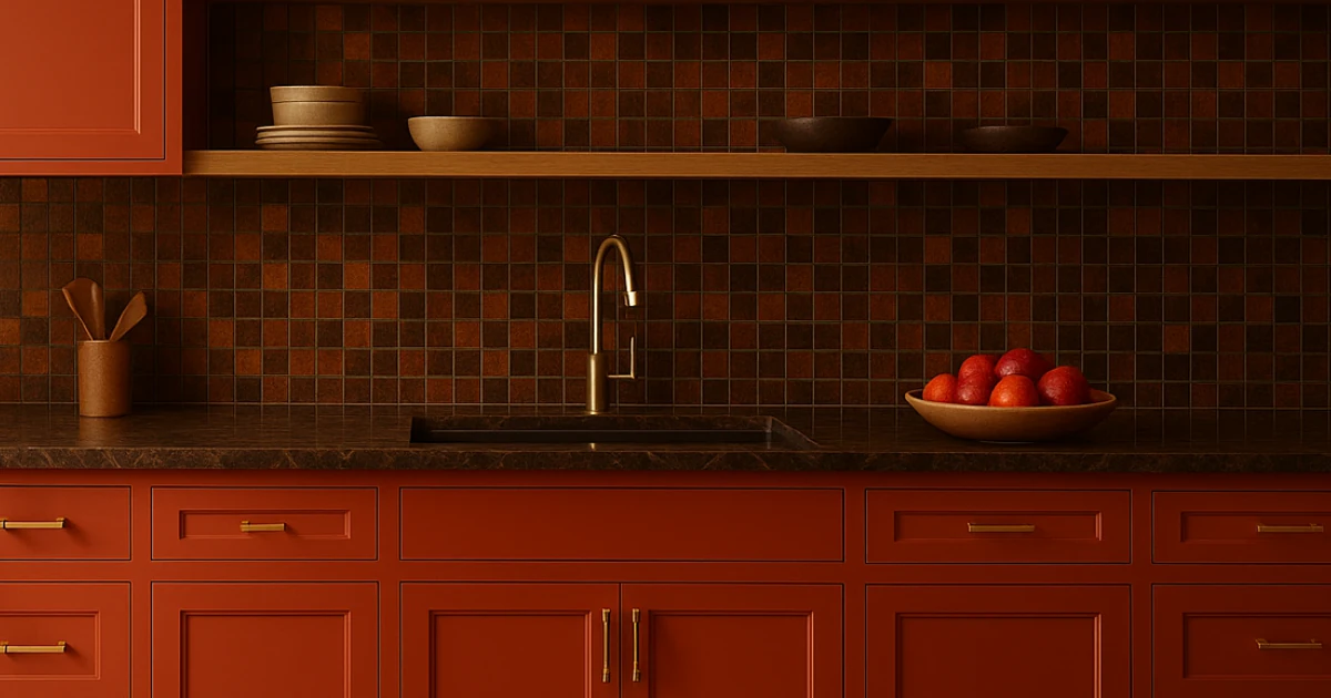 A kitchen with burnt-orange cabinets, brass hardware, a dark countertop, brown mosaic tile backsplash, and a bowl of tomatoes on the counter.