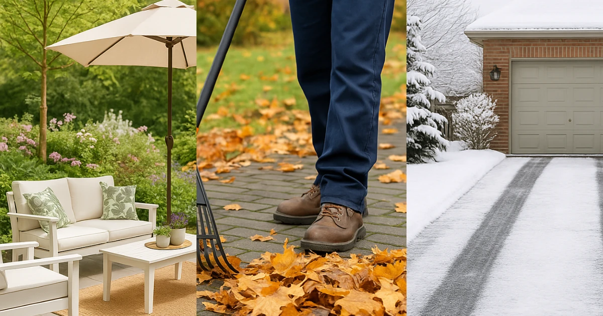 Three-panel collage showing white patio furniture under an umbrella, a person raking fallen autumn leaves on pavers, and a snow-covered driveway leading to a brick garage.