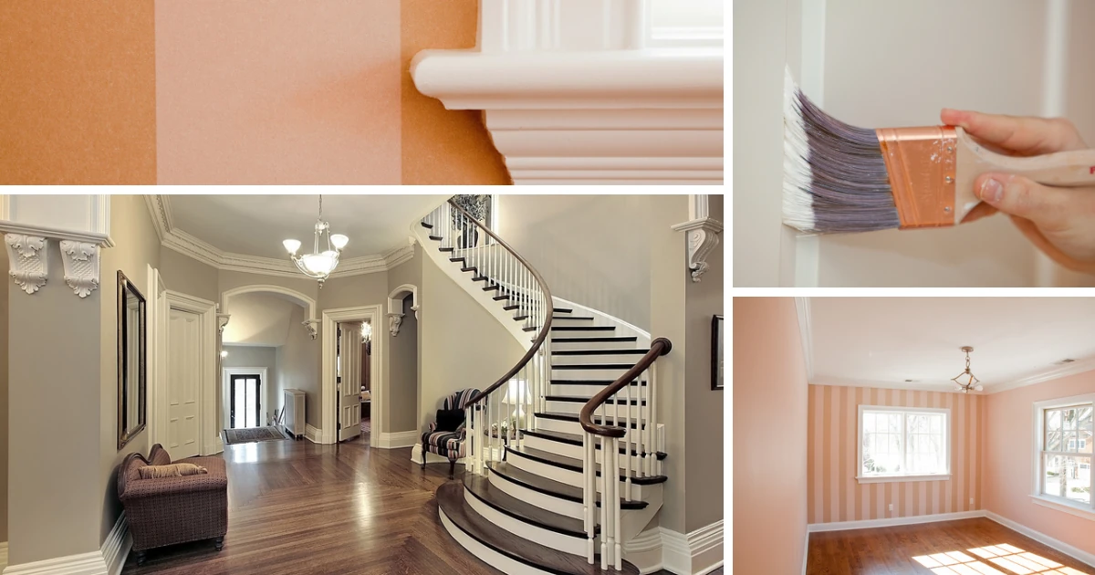 A four-panel collage shows an orange-and-white paint test swatch on a wall, an elegant curved staircase entryway, a close-up of a paintbrush, and an empty room with orange-and-tan striped walls.