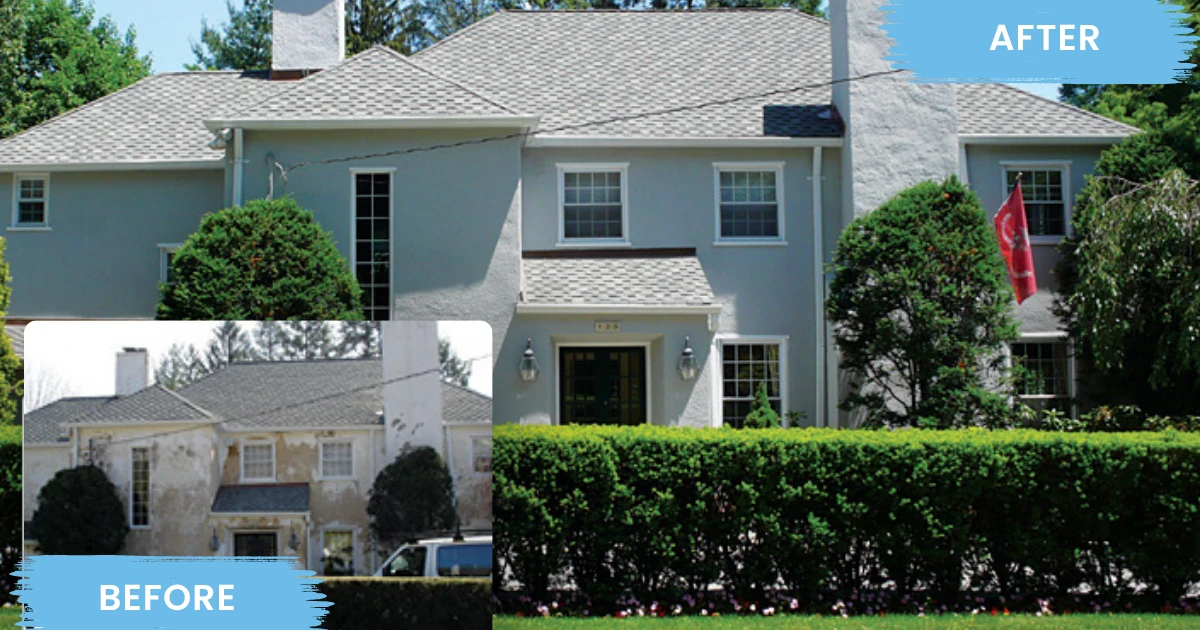 Before and after of a stucco colonial home, showing a stained and weathered facade on the left and a clean pale gray finish with white trim on the right.