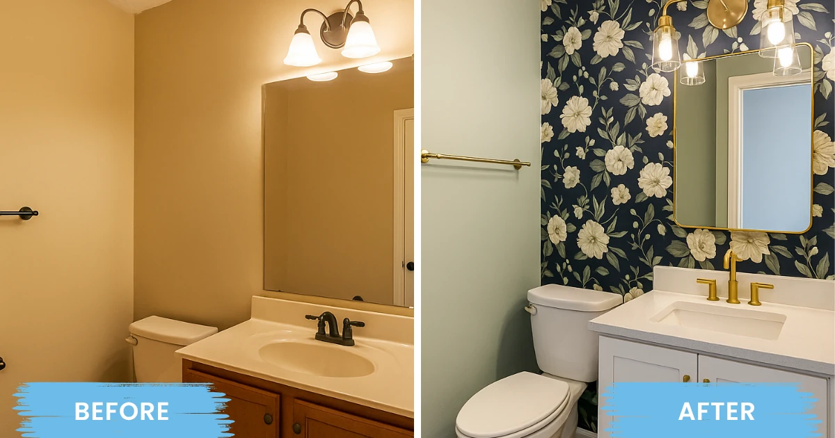 Side-by-side before-and-after photos labeled "BEFORE" and "AFTER" showing a bathroom repainted from beige walls to sage green with floral wallpaper and brass fixtures.