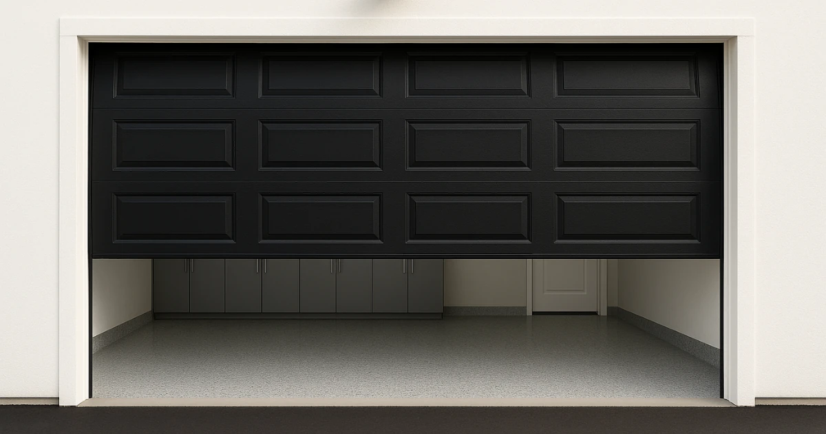 A rendering of a black paneled garage door partially open, revealing gray cabinets and a light gray speckled epoxy floor inside.