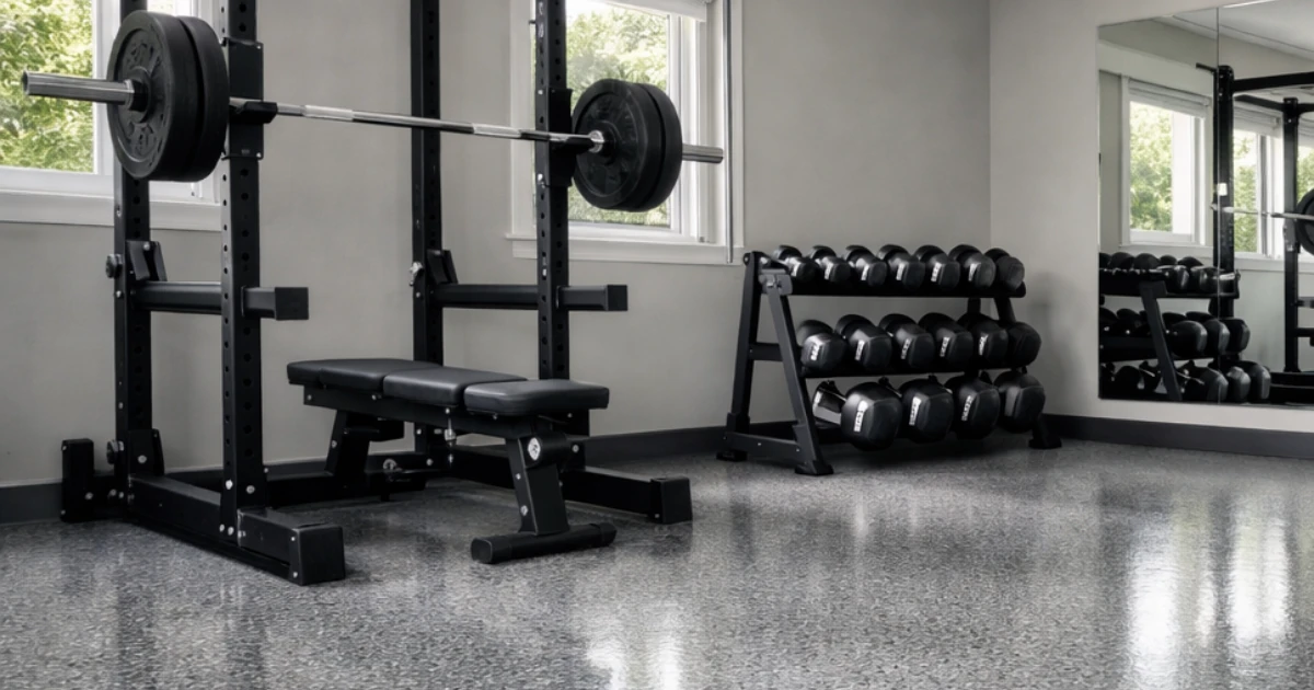 A home gym with a squat rack, weight bench, and dumbbell rack sitting on a glossy speckled gray epoxy-coated concrete floor.