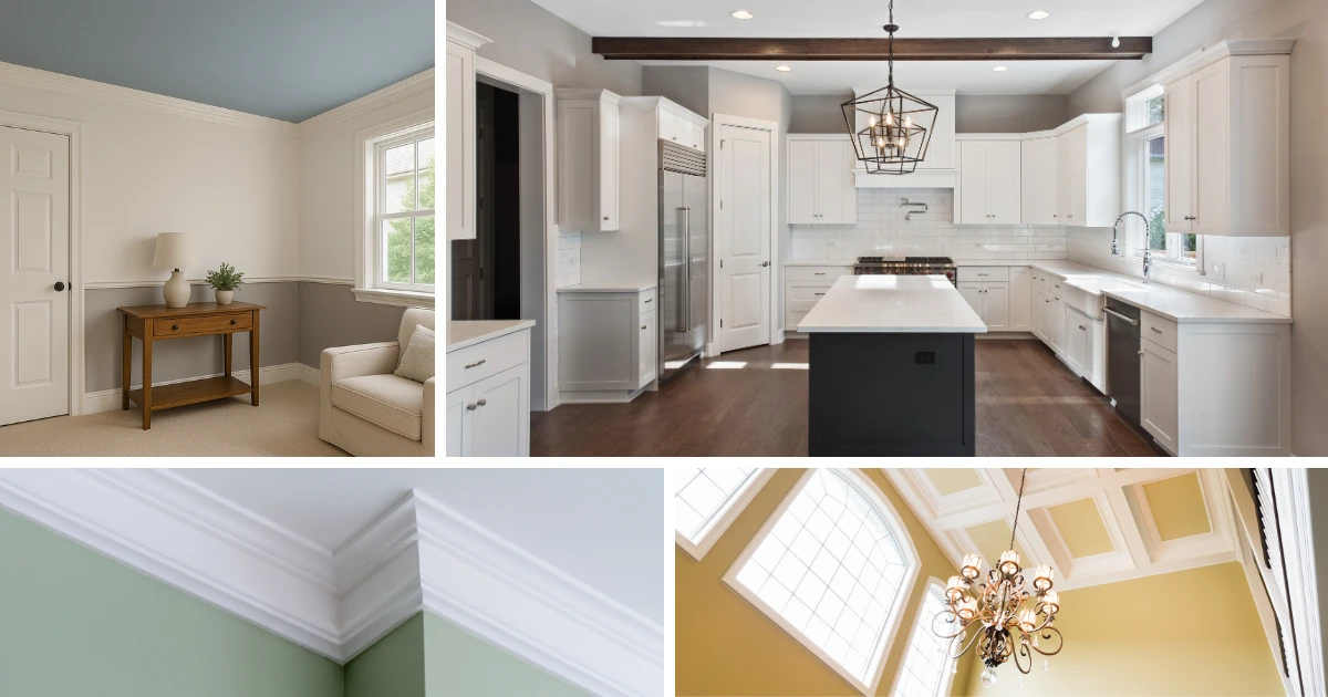 Four finished interior rooms showing a coordinated paint palette: a soft blue ceiling, a white kitchen with a dark island, white crown molding against a green wall, and a yellow room with a coffered ceiling.