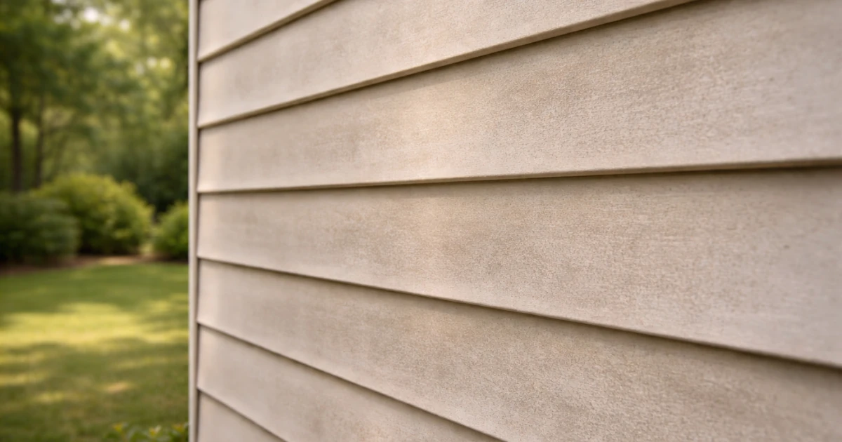 Close-up of beige horizontal lap siding on a home, showing a faded, chalky surface with a lawn and trees behind it.
