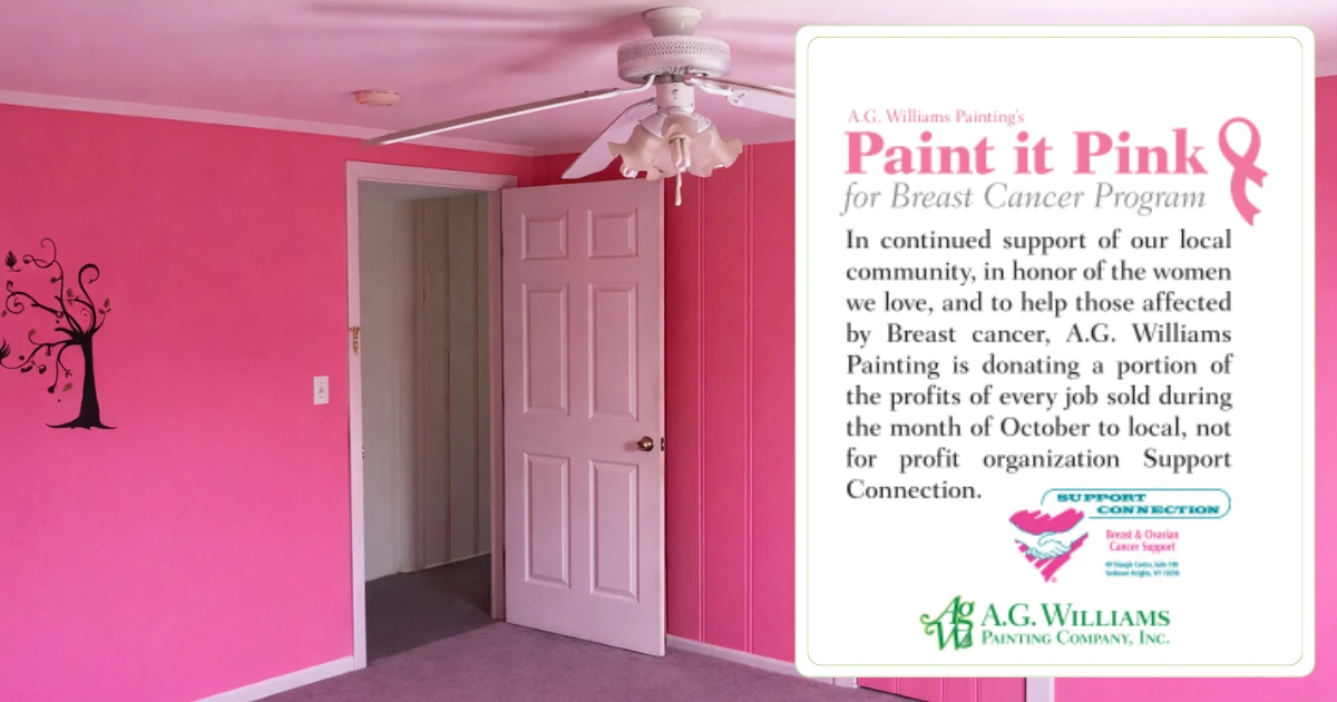 A bright pink bedroom with a white ceiling fan and open pink door, beside a graphic for A.G. Williams Painting's Paint it Pink for Breast Cancer Program benefiting Support Connection.