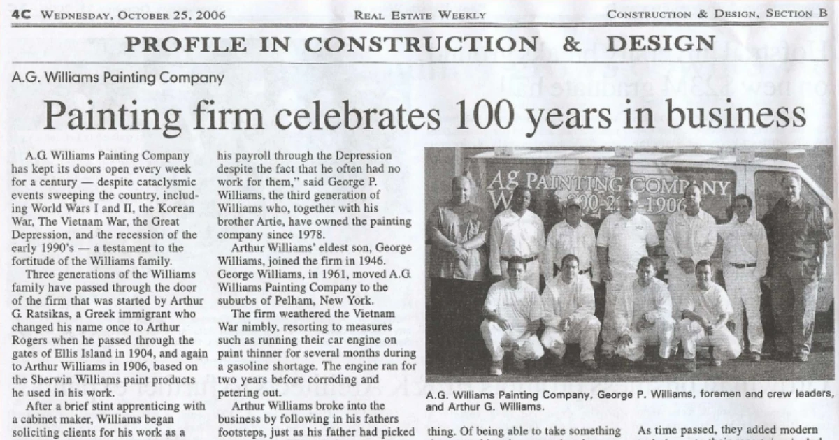 Newspaper feature headlined Painting firm celebrates 100 years in business, profiling A.G. Williams Painting Company and the Williams family.