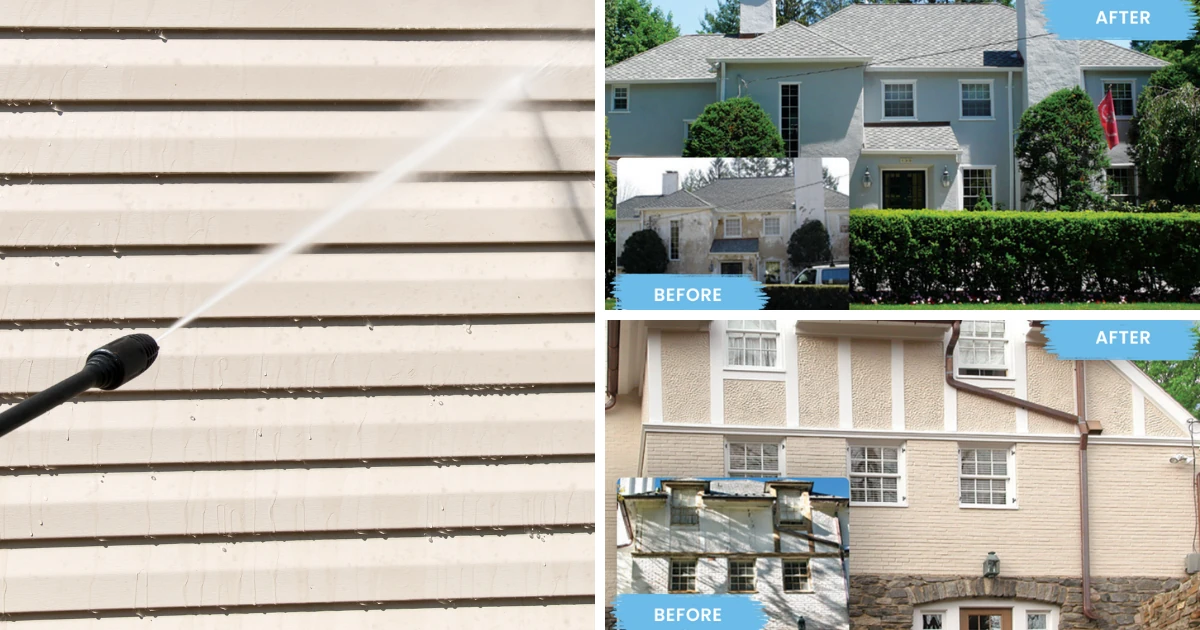 Siding being power washed alongside two before and after views of finished home exteriors.