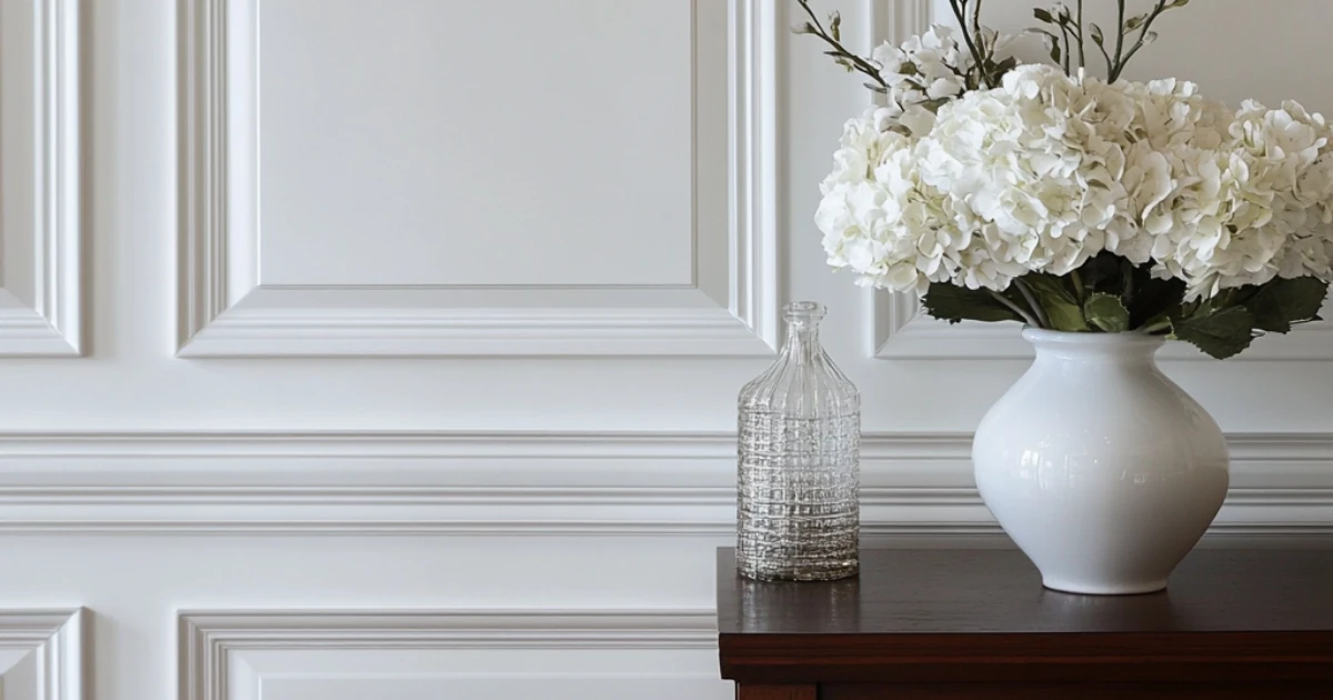 A white panelled wall with applied moulding frames beside a dark wood console holding a glass bottle and a vase of white hydrangeas.