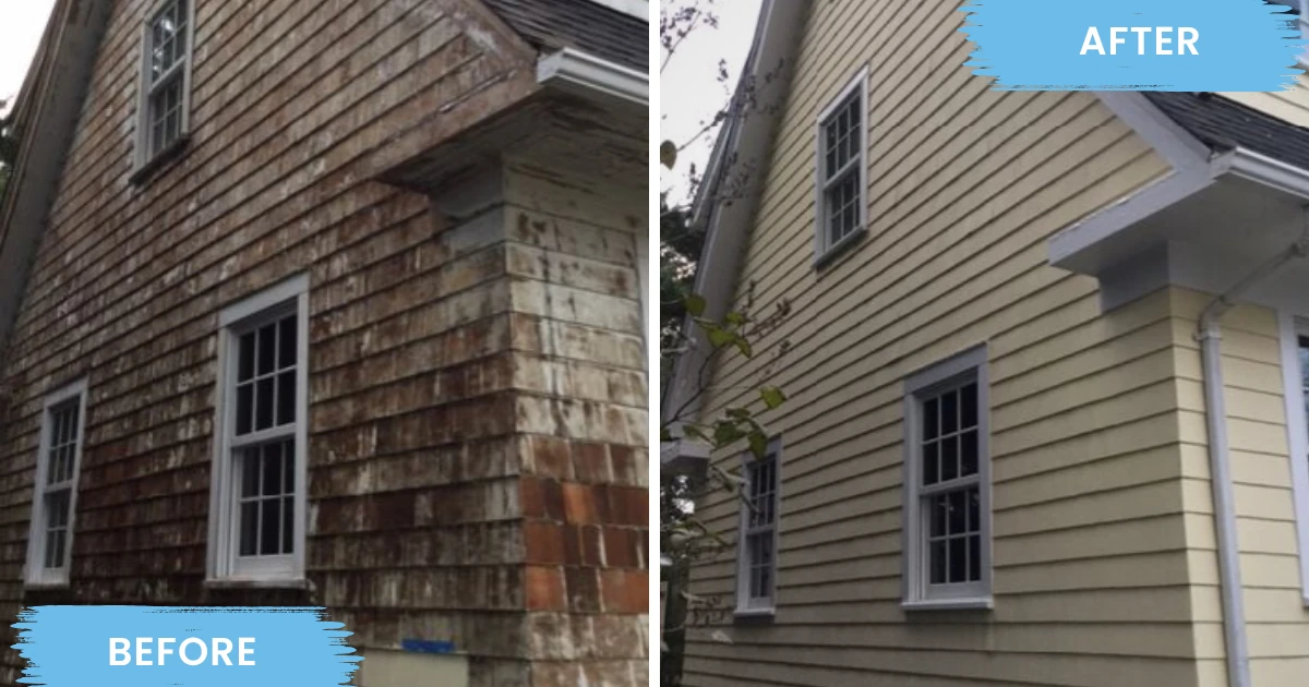 Before and after of a home exterior, showing stained and deteriorating cedar shingles on the left and clean sage clapboard siding with white trim on the right.
