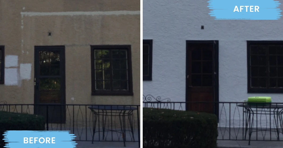 Before and after of a stucco wall with a door and window, showing patched and discolored walls on the left and a clean white finish with dark window frames on the right.
