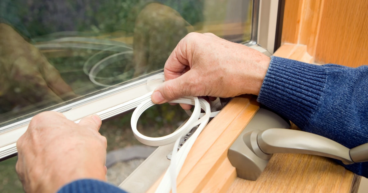 Two hands pressing adhesive backed weatherstripping into the frame of a wood window to seal against drafts.