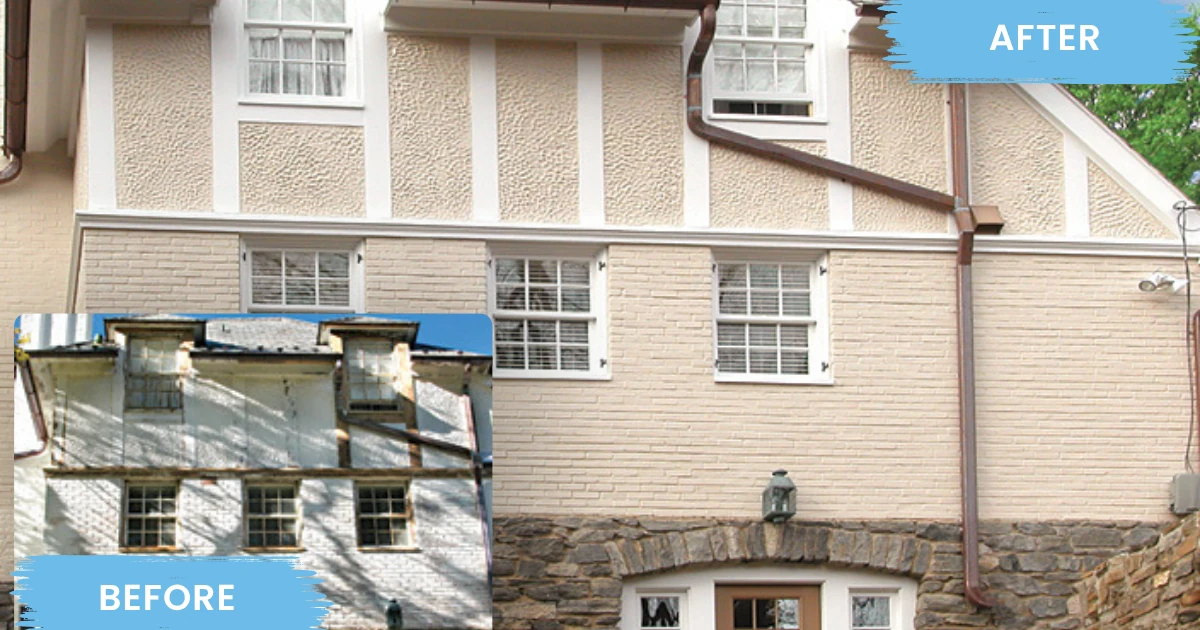 Before and after of a Tudor style home, showing a worn gray facade on the left and restored cream stucco and painted brick with white trim on the right.
