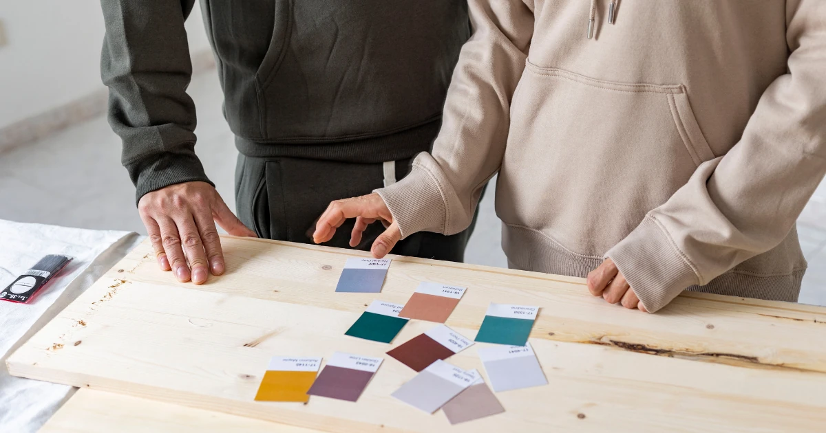 Two people reviewing an array of paint color chips laid out on a bare wood surface during a color consultation.