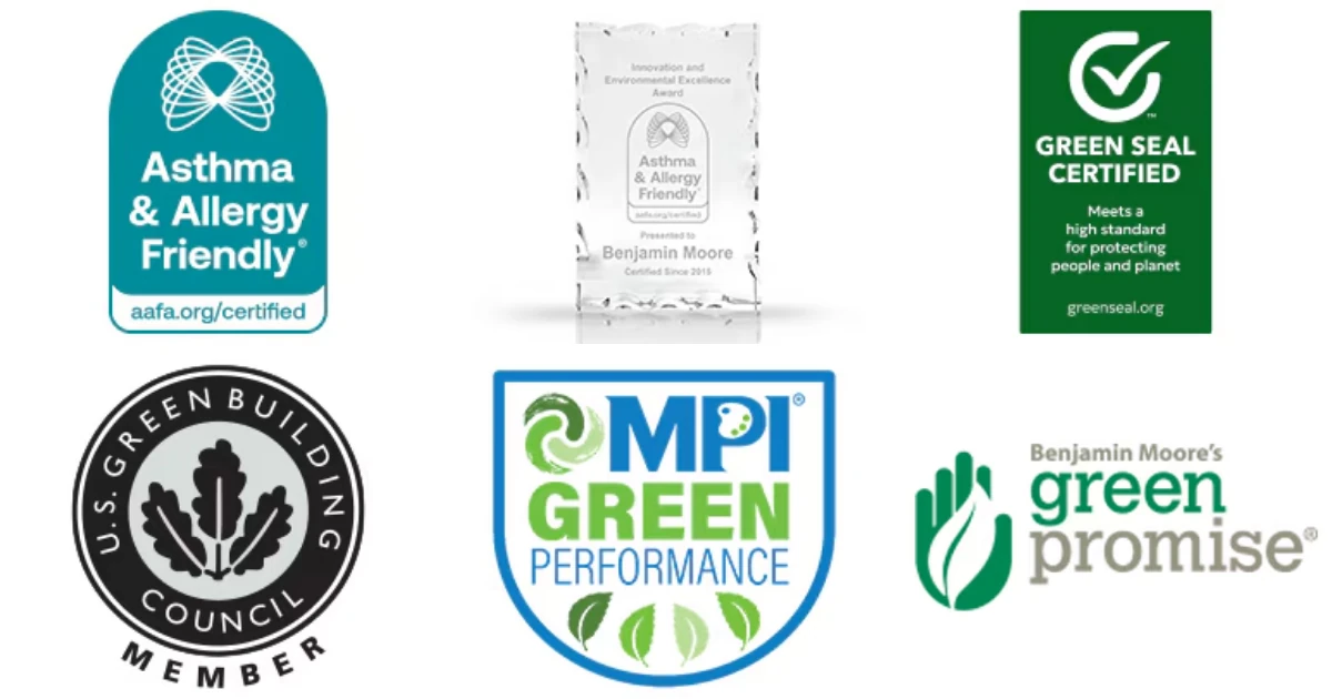 A grid of third party environmental certification marks including Asthma and Allergy Friendly, Green Seal Certified, U.S. Green Building Council Member, MPI Green Performance, and Benjamin Moore's Green Promise.