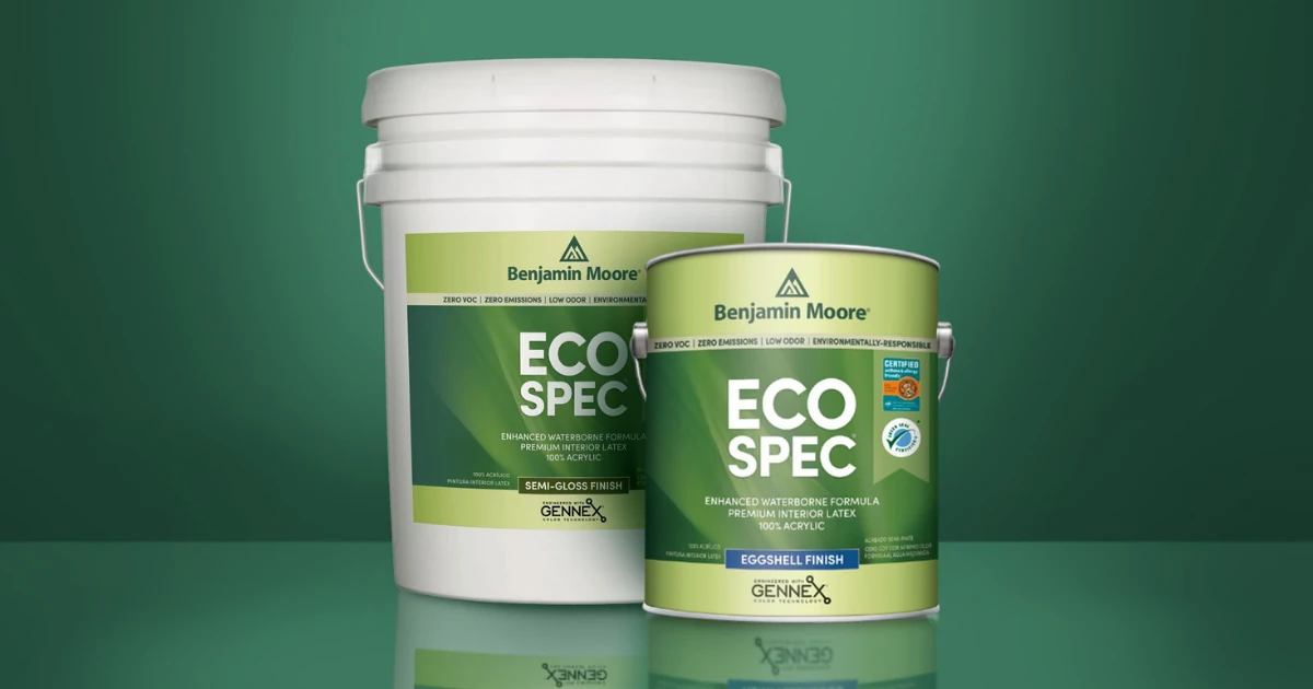 A one gallon can and a five gallon pail of Benjamin Moore Eco Spec interior latex paint on a deep green background.
