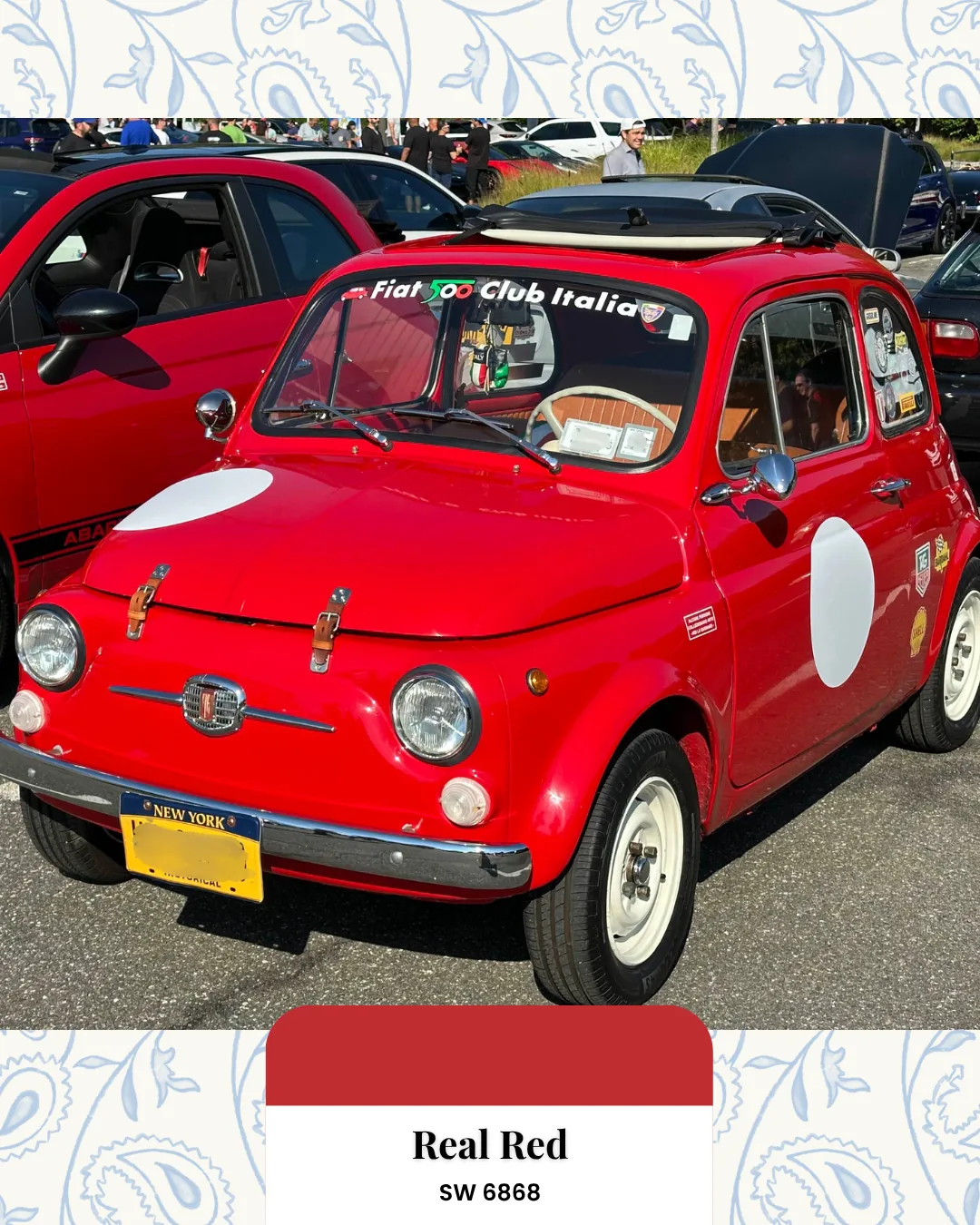 Red vintage Fiat 500 paired with Real Red SW 6868.