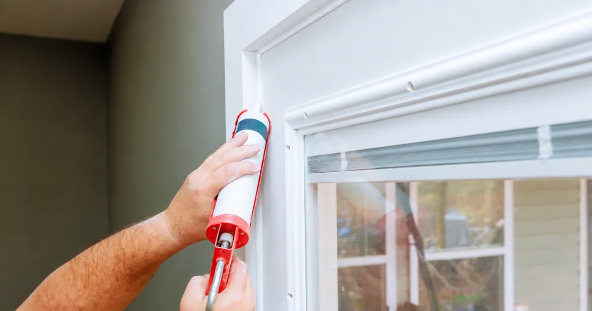 Close-up of caulk being applied along a white interior window frame.