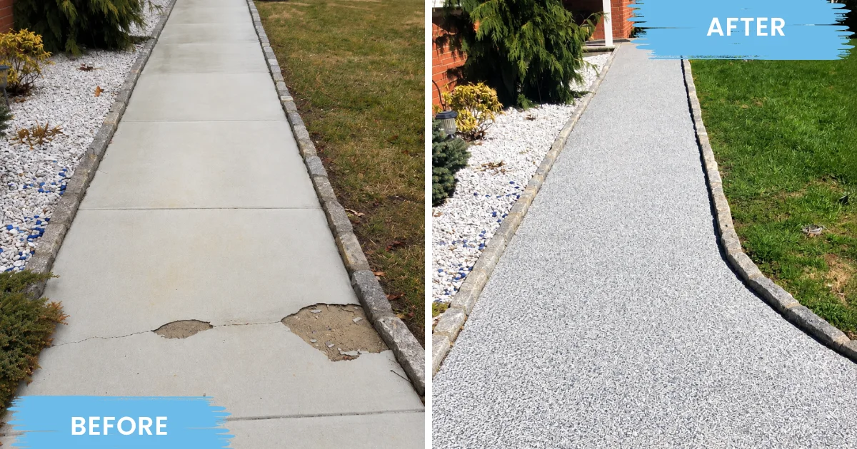Damaged concrete walkway before repair and after a gray flake coating.