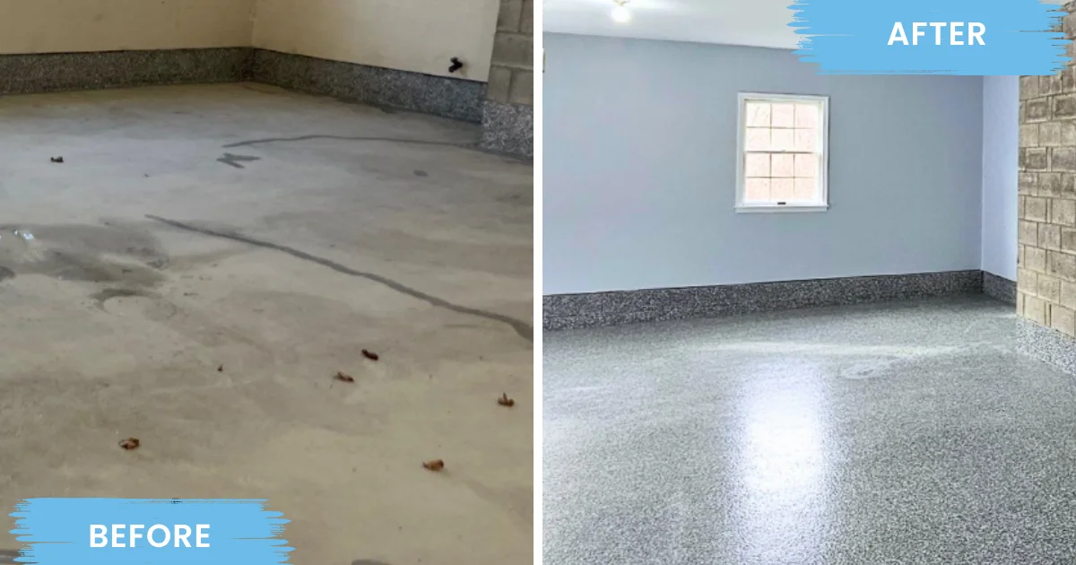 Stained garage floor before preparation and after a gray flake coating.