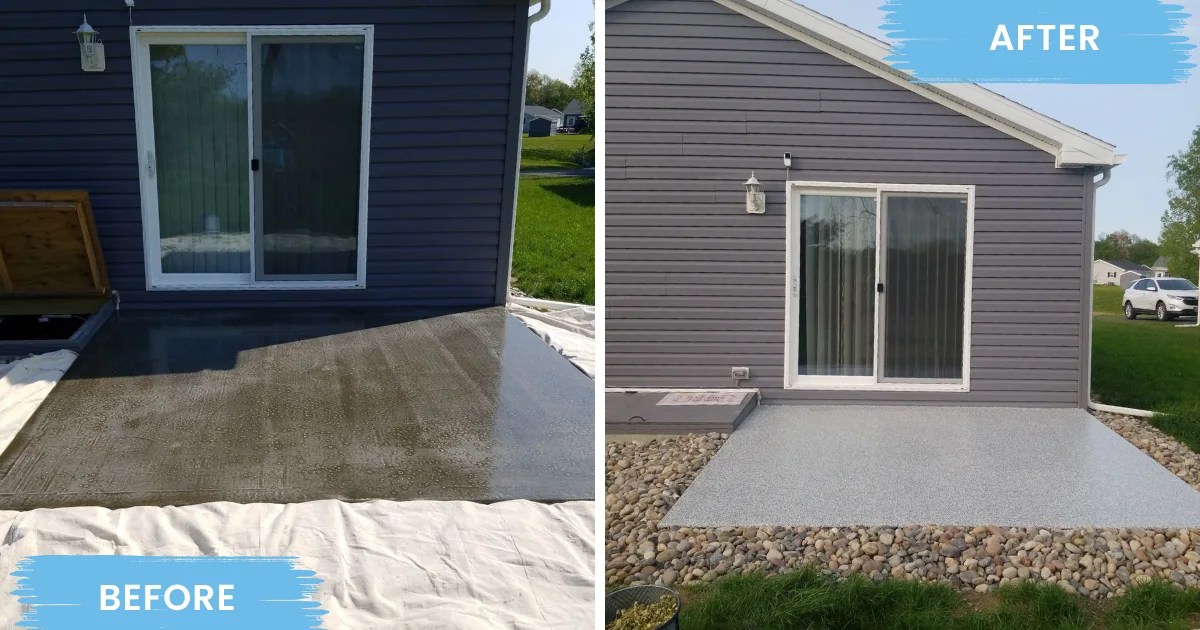 Concrete patio during coating installation and after a light-gray flake finish.