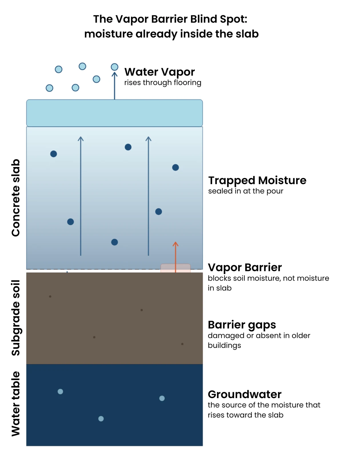 Diagram showing groundwater moisture rising through a concrete slab, including trapped moisture and vapor-barrier gaps.