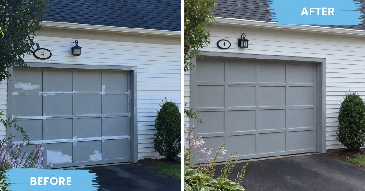 Garage door before and after repair and gray repainting on a white-sided home.