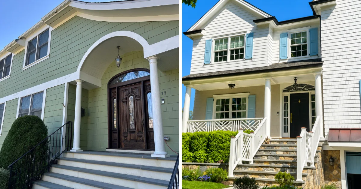 Two painted home entries showing green-shingle and white-shingle exteriors with contrasting front doors.