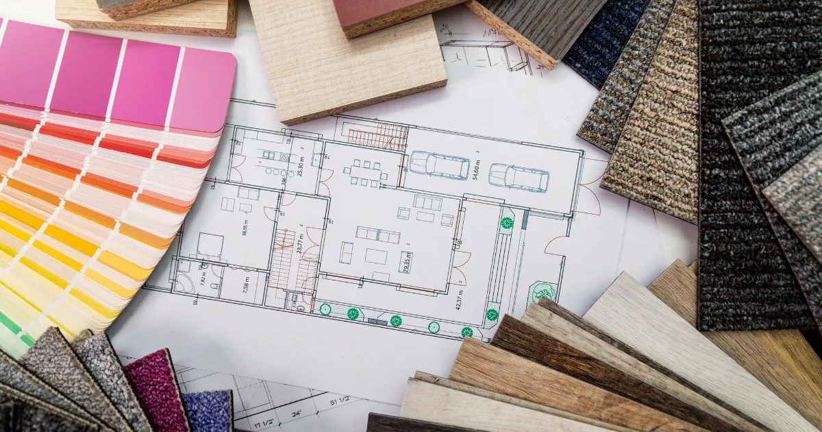 Paint, flooring, and carpet samples arranged around an open-floor-plan drawing.
