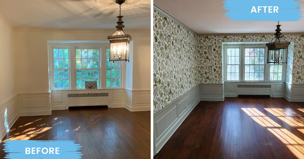 Dining room before and after patterned wallpaper installation around a bay window.