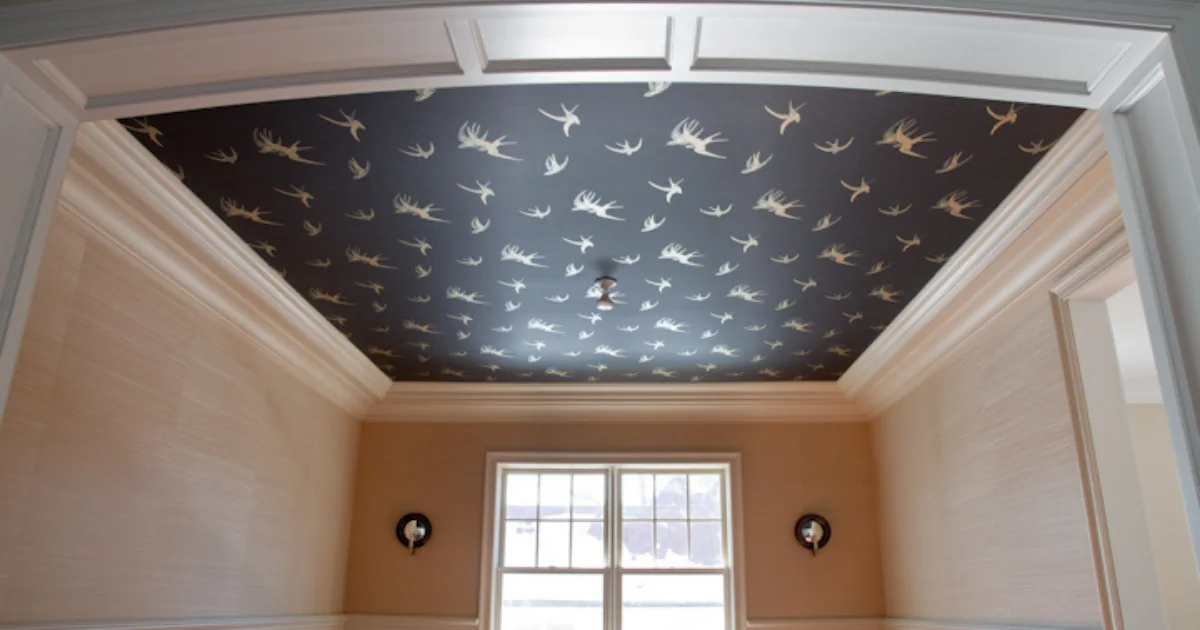 Dark bird-pattern wallpaper on a ceiling above textured wallcovering and white crown molding.