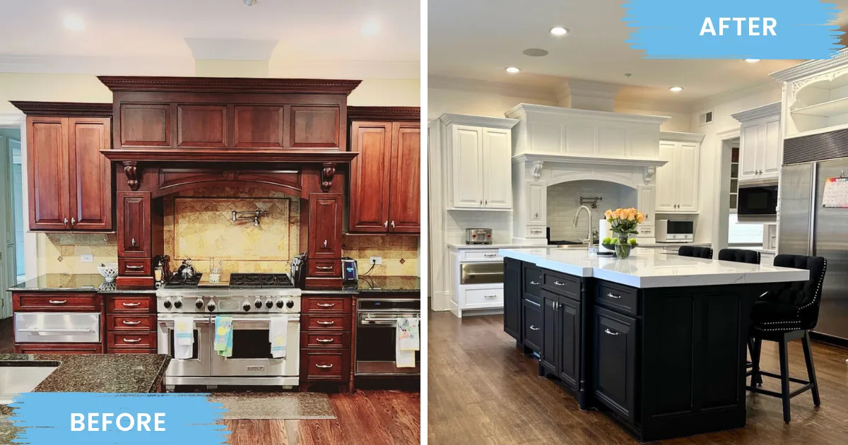 Kitchen cabinets before and after refinishing from dark wood to white with a black island.