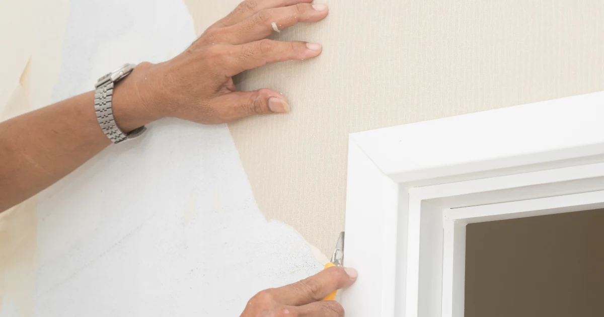 Worker peeling wallpaper from an interior wall beside white window trim.