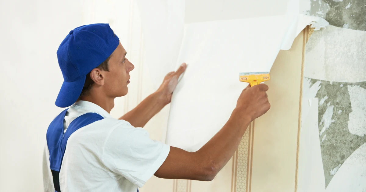 Painter removing wallpaper with a scraper to expose the wall underneath.