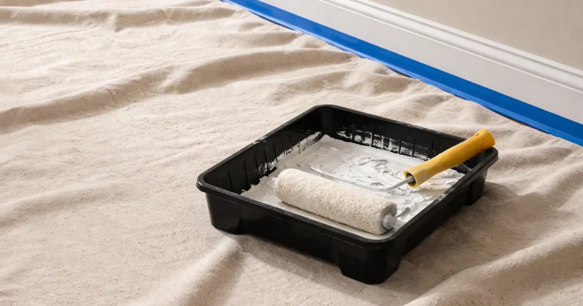 Paint roller and tray on a drop cloth beside a baseboard protected with blue painter’s tape.