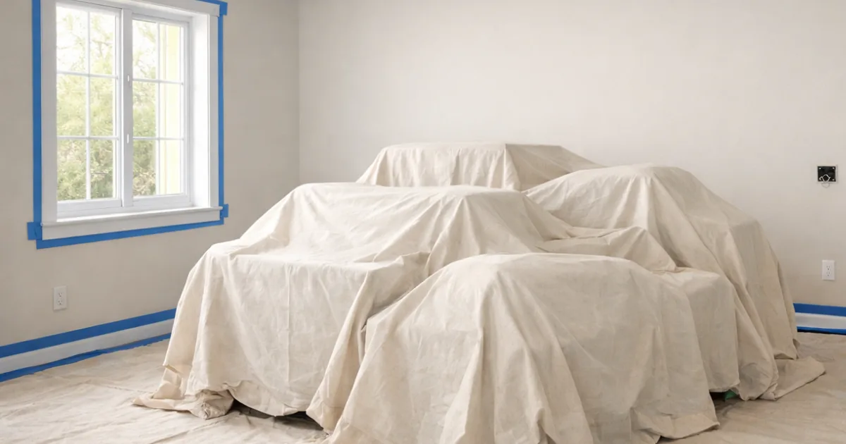 Furniture grouped in the center of a room and covered with drop cloths before painting.