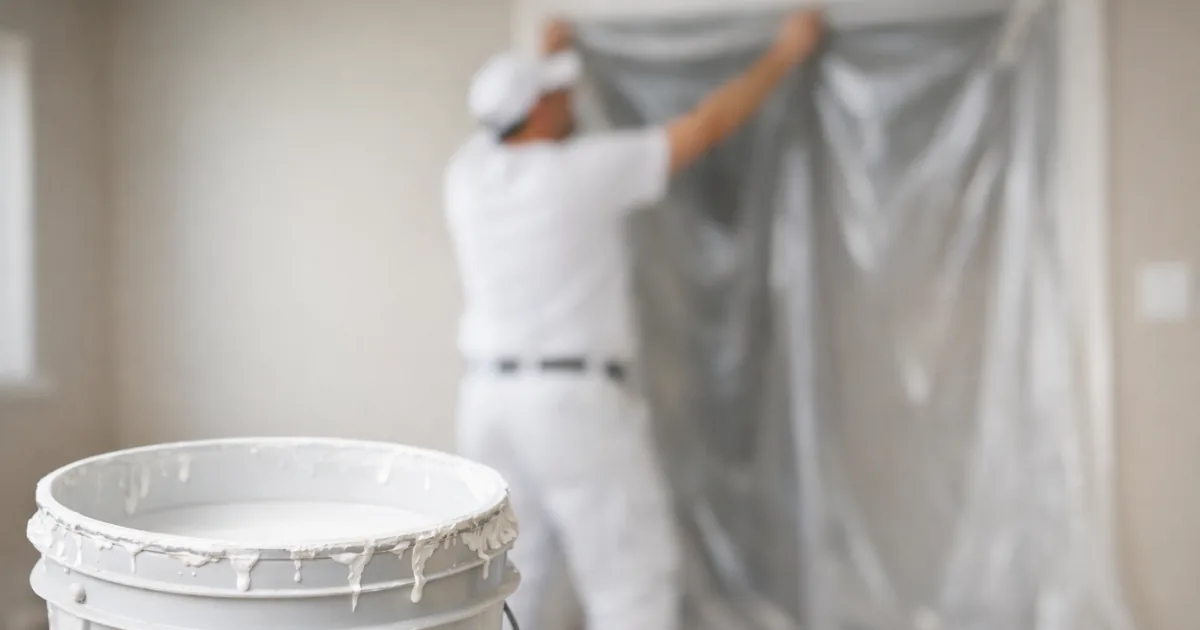 Painter hanging protective plastic behind an open paint bucket.
