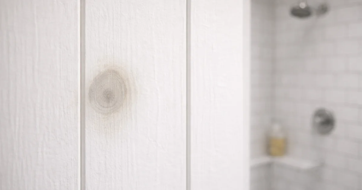 Brown knot discoloration showing through white-painted vertical wood paneling beside a shower.