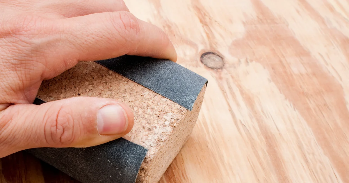 A hand sanding a bare wood board near a visible knot with a sanding block.