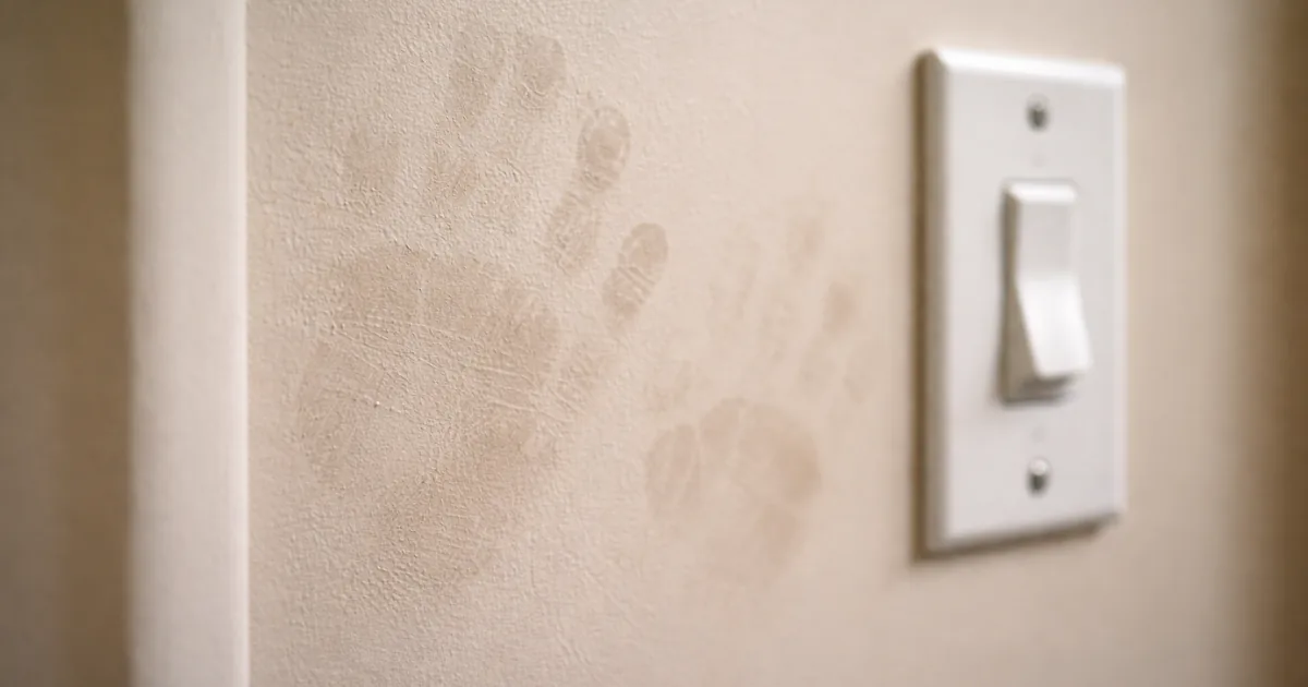 Fingerprints and handprints on a light beige painted wall beside a white light switch.