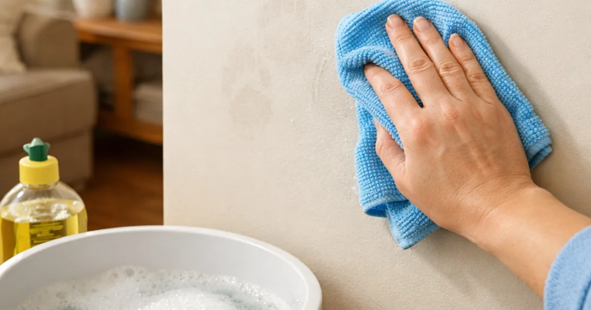 A hand wipes smudges from a beige painted wall with a blue microfiber cloth beside dish soap and a bowl of soapy water.